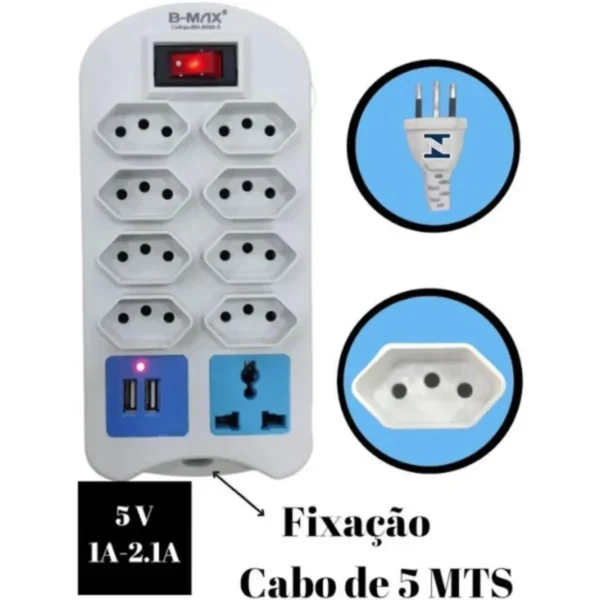 Régua Extensão 2 USB 2MT 8 Tomadas BMAX